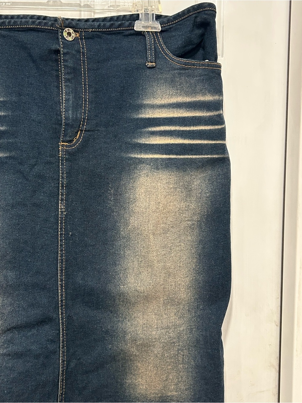 Joy Jeans Vtg Y2K Fringe Denim Skirt Scalloped Raw Hem Whiskered Midi Plus 3X - Picture 4 of 11